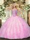 Shining Floor Length Rose Pink Vestidos de Quinceanera Sweetheart Sleeveless Lace Up