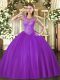 Latest Eggplant Purple Scoop Neckline Beading Sweet 16 Dresses Sleeveless Lace Up
