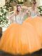 Orange Red Ball Gowns Scoop Sleeveless Tulle Floor Length Zipper Beading Quince Ball Gowns