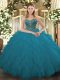 Exceptional Teal Ball Gowns Beading and Ruffled Layers Sweet 16 Dress Lace Up Tulle Sleeveless Floor Length