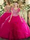 High Class Ball Gowns Quinceanera Dress Hot Pink Scoop Tulle Sleeveless Floor Length Clasp Handle