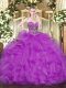 Fuchsia Sleeveless Beading and Ruffles Floor Length 15 Quinceanera Dress