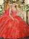 Best Red Ball Gowns V-neck Sleeveless Tulle Floor Length Lace Up Beading and Ruffles 15 Quinceanera Dress