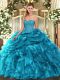 Unique Teal Organza Lace Up Sweetheart Sleeveless Floor Length 15 Quinceanera Dress Beading and Ruffles and Pick Ups