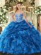 Floor Length Ball Gowns Sleeveless Blue Quinceanera Dress Lace Up