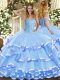 Aqua Blue 15 Quinceanera Dress Military Ball and Sweet 16 and Quinceanera with Beading and Ruffled Layers Sweetheart Sleeveless Lace Up