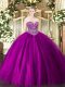 Lovely Fuchsia Tulle Lace Up Sweetheart Sleeveless Floor Length Sweet 16 Dress Beading