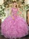 Nice Lilac Ball Gowns Beading and Appliques and Ruffles Quinceanera Dresses Lace Up Organza Cap Sleeves Floor Length