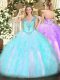 Dazzling Aqua Blue Sleeveless Beading and Ruffles Floor Length 15 Quinceanera Dress