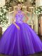Stylish Sleeveless Floor Length Embroidery Lace Up Quinceanera Gown with Purple