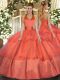 Exquisite Orange Red Tulle Lace Up Quinceanera Gowns Sleeveless Floor Length Ruffled Layers