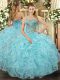 Best Sleeveless Floor Length Beading and Ruffled Layers Lace Up Quince Ball Gowns with Aqua Blue