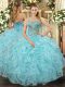 Best Sleeveless Floor Length Beading and Ruffled Layers Lace Up Quince Ball Gowns with Aqua Blue  Best Sleeveless Floor Length Beading and Ruffled Layers Lace Up Quince Ball Gowns with Aqua Blue