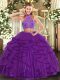 Unique Floor Length Purple 15 Quinceanera Dress Tulle Sleeveless Beading and Ruffled Layers