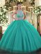 New Arrival Turquoise Quinceanera Gowns Military Ball and Sweet 16 and Quinceanera with Beading Halter Top Sleeveless Lace Up