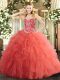 Floor Length Lace Up Quinceanera Gown Watermelon Red for Military Ball and Sweet 16 and Quinceanera with Beading and Ruffles