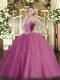 Most Popular Lilac Tulle Lace Up Sweetheart Sleeveless Quinceanera Gowns Brush Train Beading