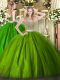 Fabulous Olive Green Two Pieces Tulle Scoop Sleeveless Beading Floor Length Lace Up Quinceanera Dress