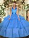 Halter Top Sleeveless Tulle Vestidos de Quinceanera Ruffled Layers Lace Up