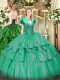 Sleeveless Floor Length Beading and Ruffled Layers Lace Up Quinceanera Dress with Turquoise