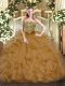 Customized Brown Organza Lace Up Ball Gown Prom Dress Sleeveless Floor Length Beading and Ruffles