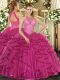 High Quality Tulle High-neck Sleeveless Lace Up Beading and Ruffles Quinceanera Gown in Hot Pink