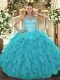 Hot Selling Floor Length Lace Up Vestidos de Quinceanera Aqua Blue for Military Ball and Sweet 16 and Quinceanera with Beading and Embroidery and Ruffles