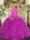 Beading and Ruffles Quinceanera Gowns Fuchsia Lace Up Sleeveless Floor Length