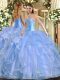 Hot Selling Sleeveless Organza Floor Length Lace Up Quinceanera Gown in Baby Blue with Beading and Ruffles