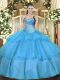 Aqua Blue Ball Gowns Tulle Sweetheart Sleeveless Beading and Ruffled Layers Floor Length Lace Up Quinceanera Gowns