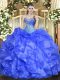 Beading and Ruffles 15 Quinceanera Dress Blue Lace Up Sleeveless Floor Length
