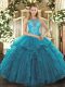 Edgy High-neck Sleeveless 15 Quinceanera Dress Asymmetrical Beading and Ruffles Teal Organza