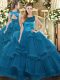 Scoop Sleeveless Lace Up Quinceanera Gowns Teal Tulle