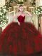 Vintage Sleeveless Organza Floor Length Zipper Quince Ball Gowns in Wine Red with Ruffles