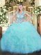 Aqua Blue Sleeveless Floor Length Beading and Ruffles and Pick Ups Lace Up 15th Birthday Dress