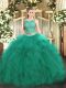 Sleeveless Tulle Floor Length Lace Up Quince Ball Gowns in Turquoise with Beading and Ruffles