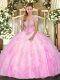 Flirting Rose Pink Sleeveless Appliques and Ruffles Floor Length Quince Ball Gowns