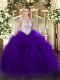 Purple Zipper Scoop Beading and Ruffles 15th Birthday Dress Tulle Sleeveless