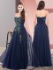 Elegant Navy Blue Empire Sweetheart Sleeveless Chiffon Floor Length Lace Up Embroidery Homecoming Dress