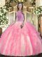 Rose Pink High-neck Lace Up Beading and Ruffles Quinceanera Gowns Sleeveless