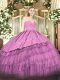 New Style Sleeveless Floor Length Beading and Lace and Embroidery and Ruffled Layers Zipper Vestidos de Quinceanera with Fuchsia