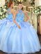 Wonderful Halter Top Sleeveless Quince Ball Gowns Floor Length Embroidery Baby Blue Organza