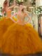 Floor Length Brown Ball Gown Prom Dress Tulle Sleeveless Beading and Ruffles