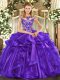 Custom Design Floor Length Purple 15th Birthday Dress Organza Cap Sleeves Beading and Ruffles