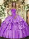Strapless Sleeveless Quinceanera Dresses Floor Length Beading and Ruffled Layers Lavender Organza and Taffeta