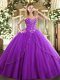 Eggplant Purple Sweetheart Lace Up Appliques and Embroidery Quinceanera Gown Brush Train Sleeveless