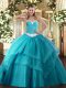 Sweetheart Sleeveless Tulle 15th Birthday Dress Appliques and Ruffled Layers Lace Up