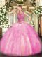 Classical Sleeveless Floor Length Beading and Ruffles Lace Up Quince Ball Gowns with Rose Pink