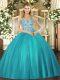 Custom Fit Teal Lace Up Straps Beading and Ruffles Quince Ball Gowns Tulle Sleeveless