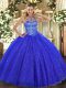 Gorgeous Halter Top Sleeveless Quinceanera Dresses Floor Length Beading and Embroidery Royal Blue Tulle and Sequined